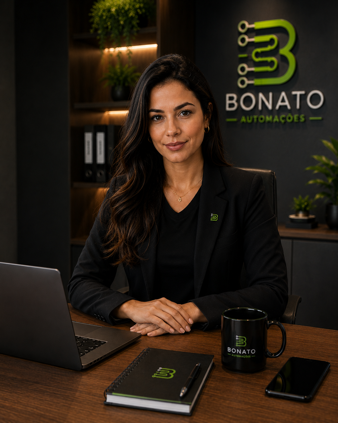Clara, atendente digital, sentada à mesa com as mãos apoiadas